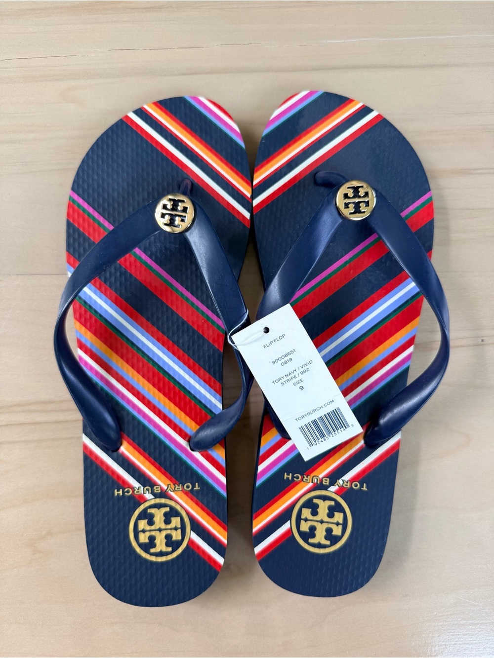 NWT New Tory Burch Navy Vivid Stripe Thin Flip Flop Sandals Size 9 🩴☀️🏝️